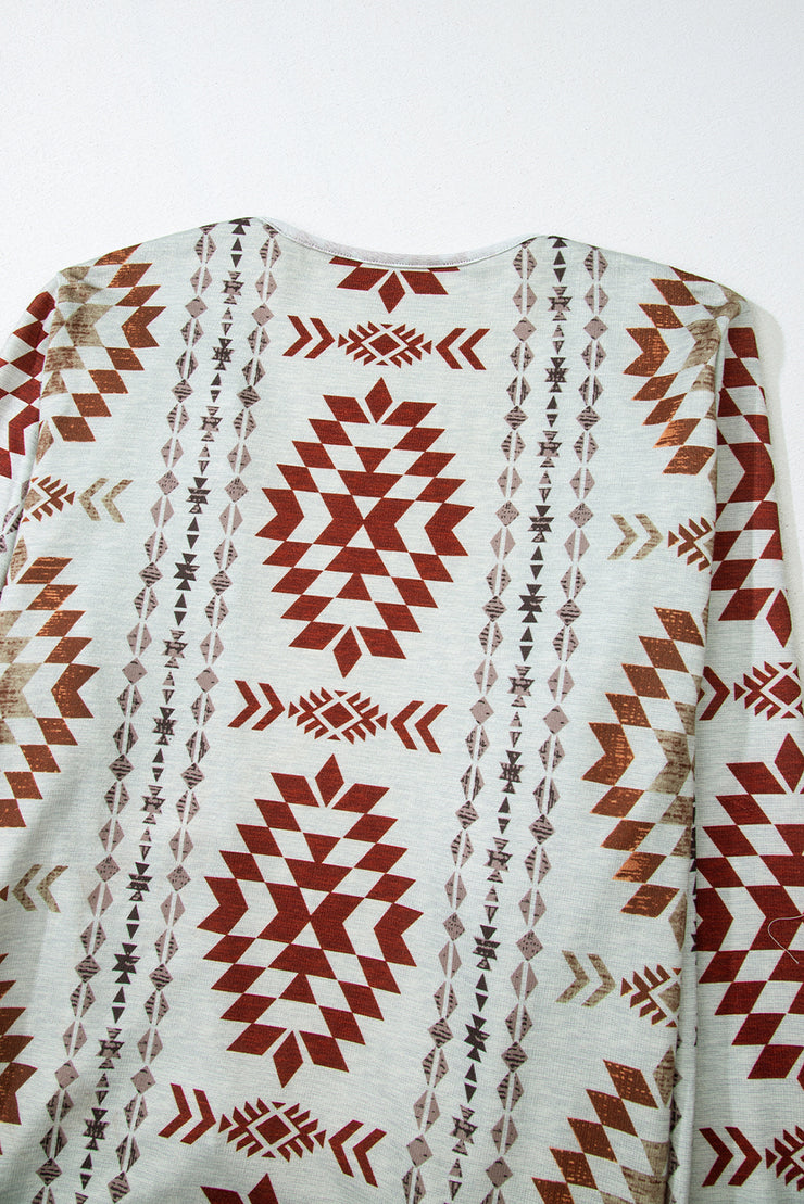 Brown Western Aztec Printed Open Front Long Cardigan