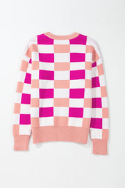 Pink Checkered Ribbed Edge O Neck Drop Shoulder Sweater