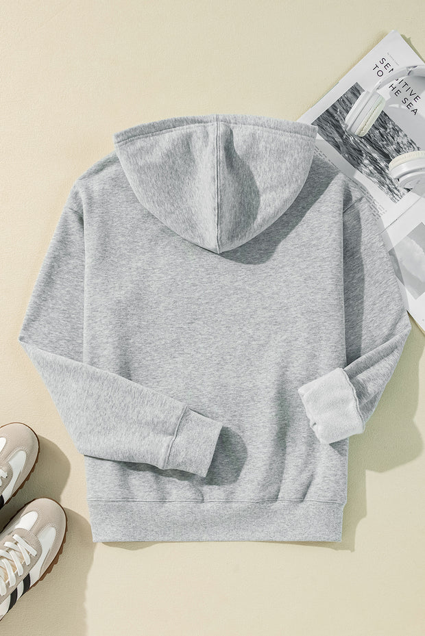 Light Grey Solid Color Fleece Lined Drawstring Hoodie with Pocket