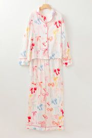 White Bow Knot Print Lapel Collar Wide Leg Satin Pajama Set