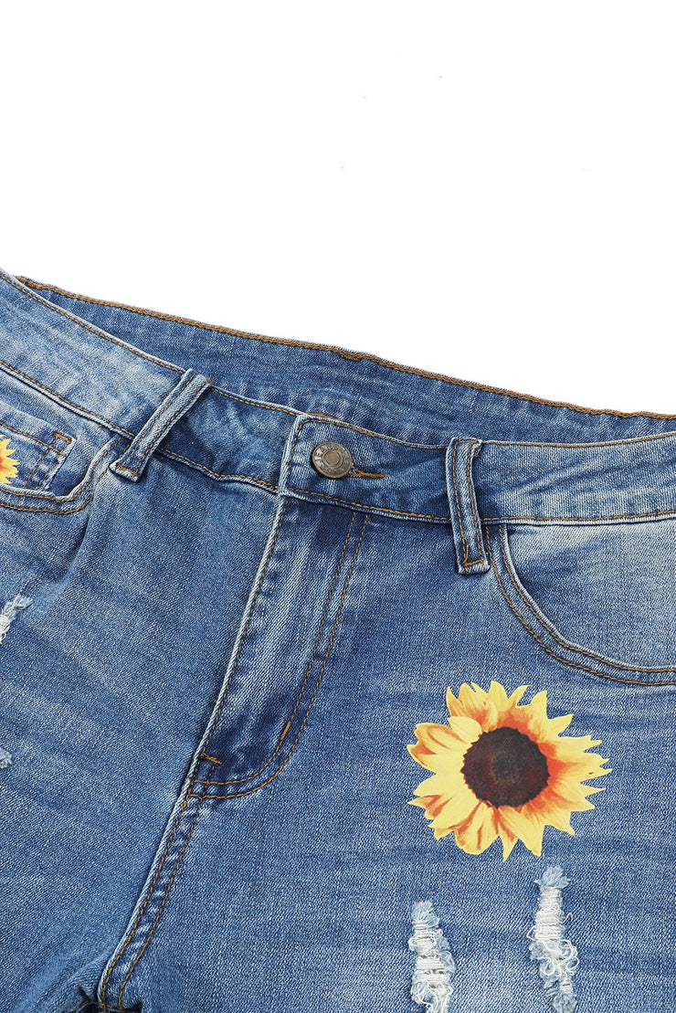 Blue Sunflower Print Ripped Mid Rise Straight Leg Graphic Jeans