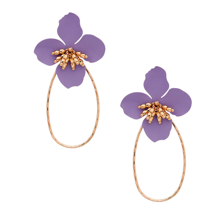 Lavender Flower Teardrop Hoops