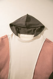 Beige Oversized Color Block Patchwork High Low Hoodie