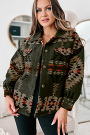 Green Aztec Print Flap Pockets Long Sleeve Shacket