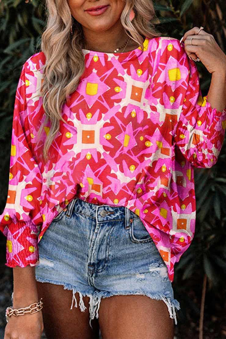 Strawberry Pink Geometric Print Shirred Cuff 3/4 Sleeve Loose Blouse