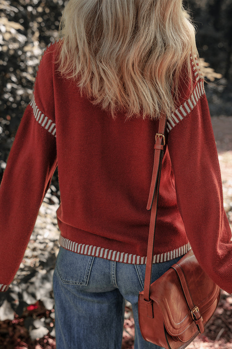 Red Dahlia Color Contrast Trim Drop Shoulder Crew Neck Sweater