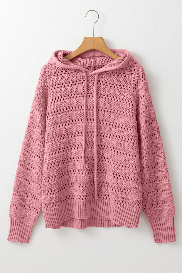 Peach Blossom Pointelle Knit Raglan Sleeve Hooded Sweater