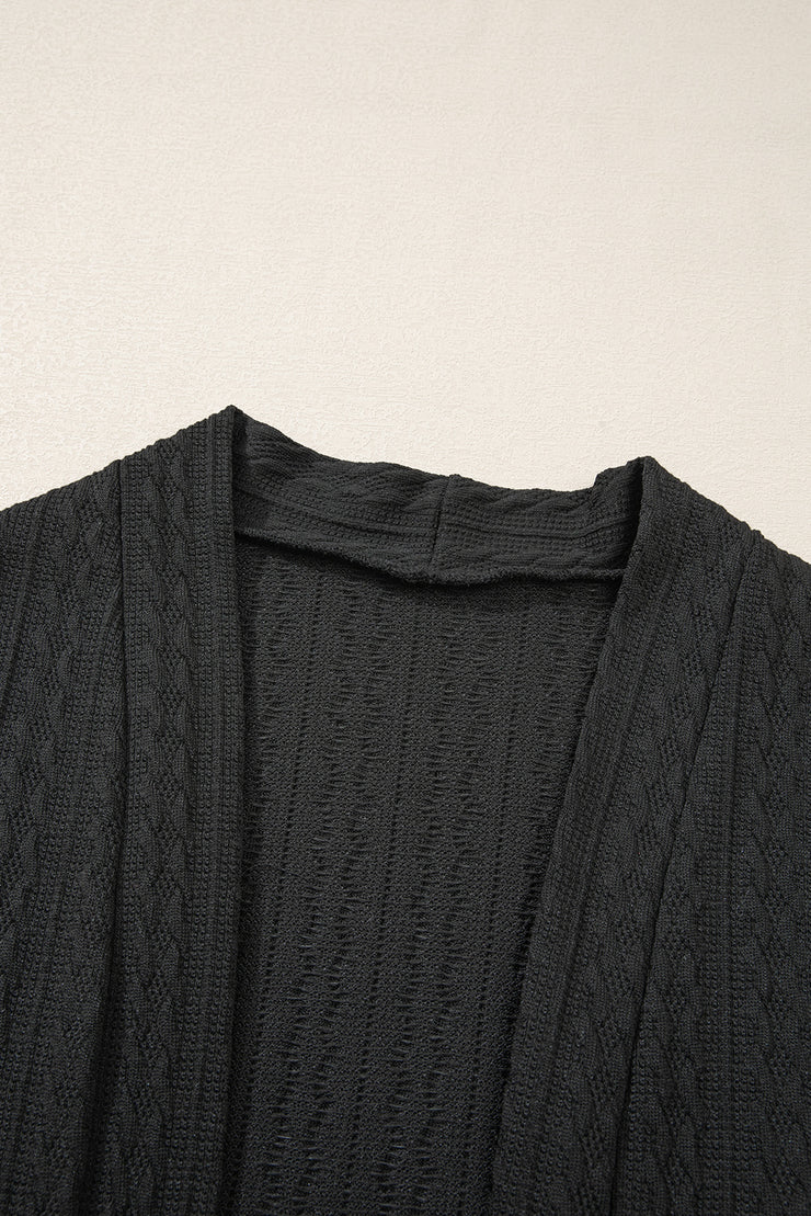 Black Textured Knit Side Pockets Open Front Cardigan