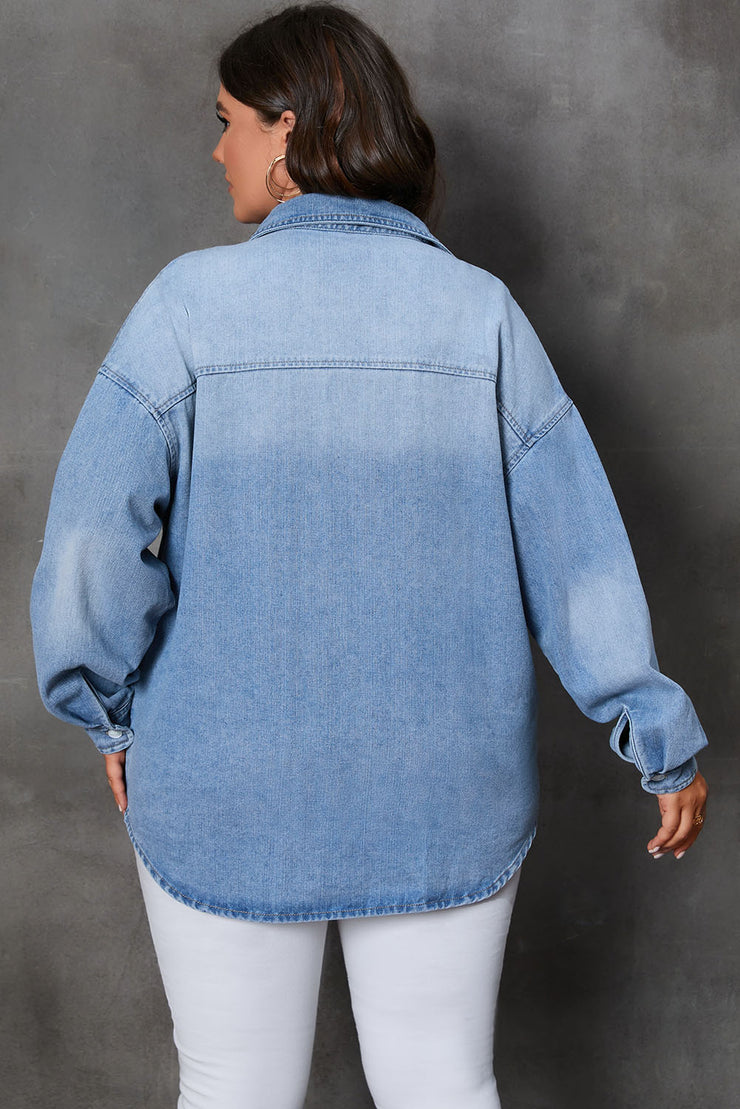 Sky Blue Plus Size Chest Pocket Button-Up Denim Shacket