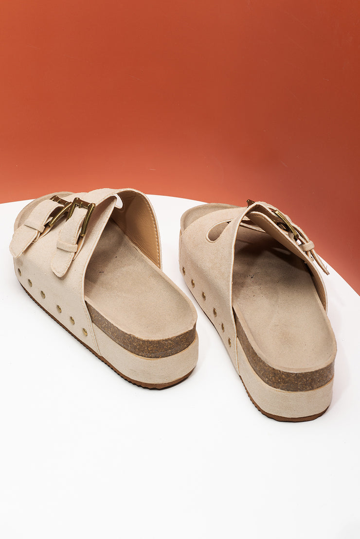 Beige Suede Buckle Decor Corky Platform Slides Shoes