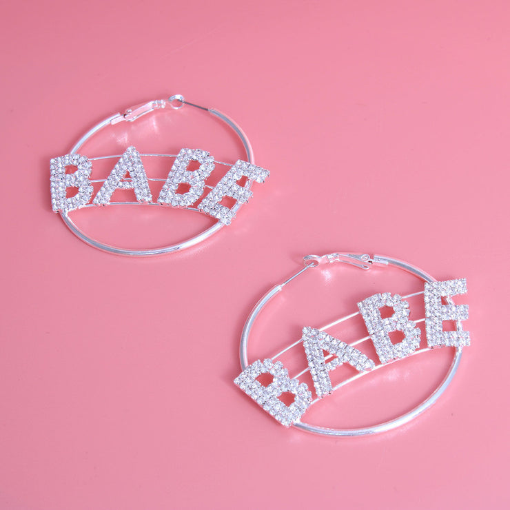 Rhinestone BABE Silver Hoops