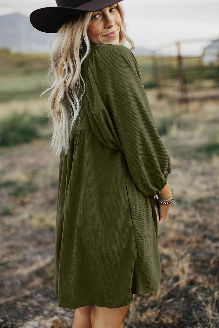 Vineyard Green Corduroy Snap Buttons Empire Waist Bracelet Sleeve Dress