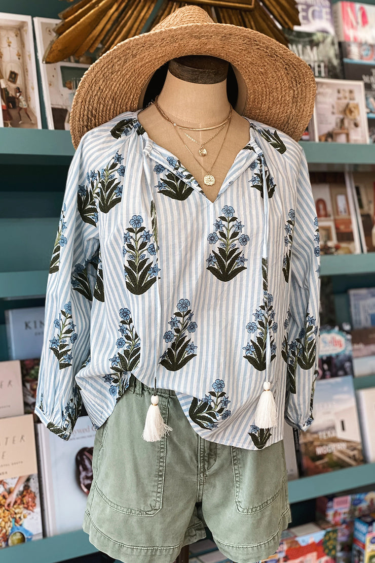 Beau Blue Striped Floral Printed Long Sleeve Tied V Neck Blouse