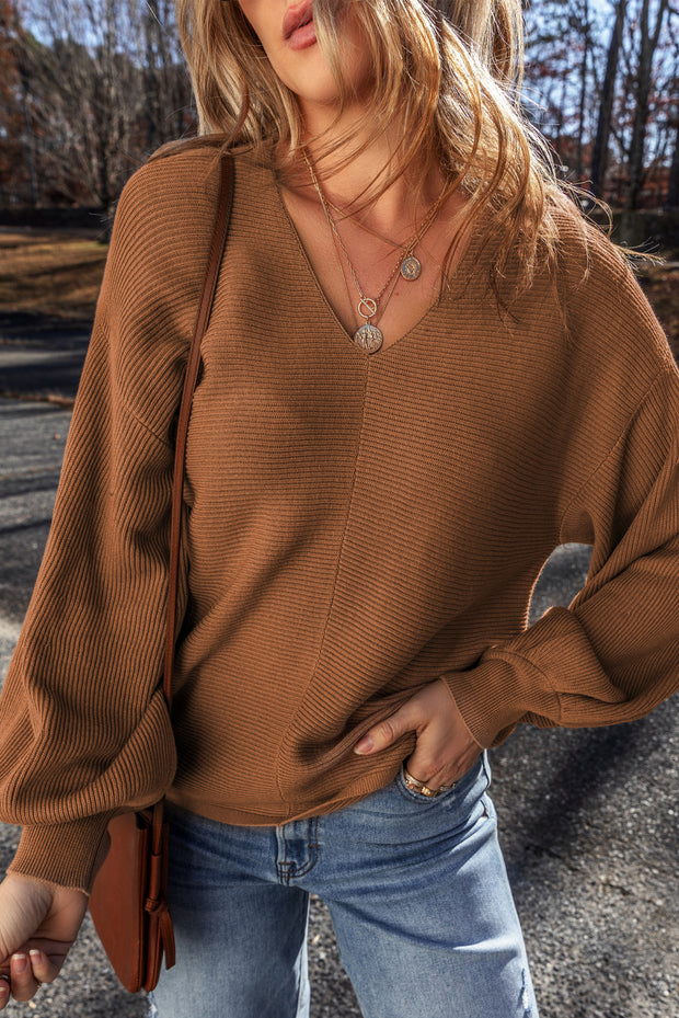 Camel Ribbed Knit Drop Sleeve V Neck Loose Fit Sweater