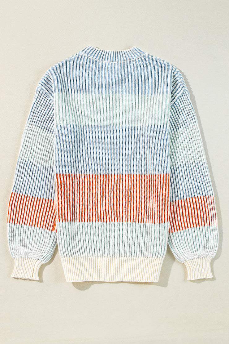 Multicolour Colorblock Textured Knit Bubble Sleeve Sweater