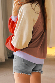 Orange Color Block Side Slits Raglan Sleeve Loose Fit Top