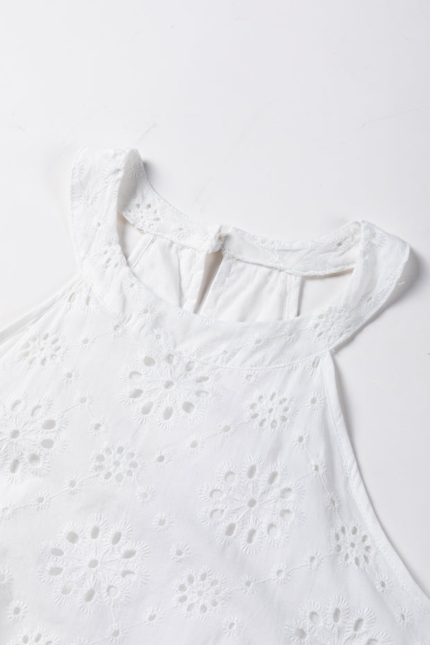 White Boho Eyelet Pattern Halter Neck Sleeveless Dress