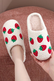 Bright White Cute Fuzzy Strawberry Pattern Winter Slippers