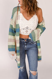 Green Striped Color Block Hollowed Knit Cardigan