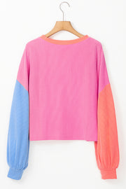 Rose Red Corded Colorblock Patchwork Drop Shoulder Long Sleeve Top