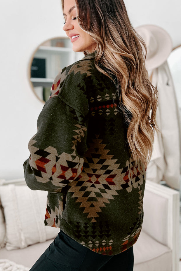 Green Aztec Print Flap Pockets Long Sleeve Shacket