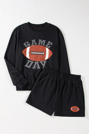 Black GAME DAY Rugby Football Graphic Pullover and Shorts Casual Outfit