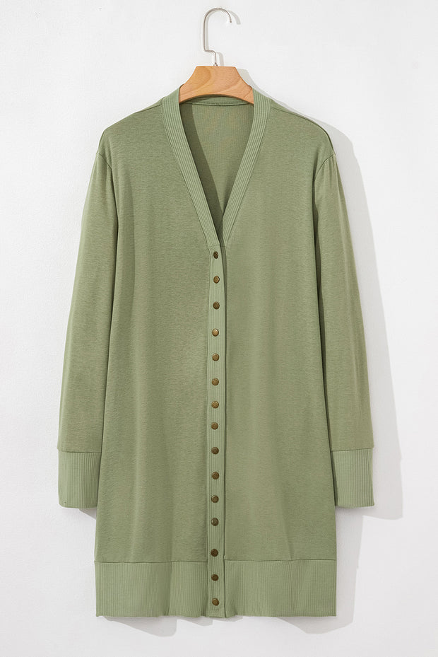 Green Plus Size Snap Buttons Front Knit Cardigan