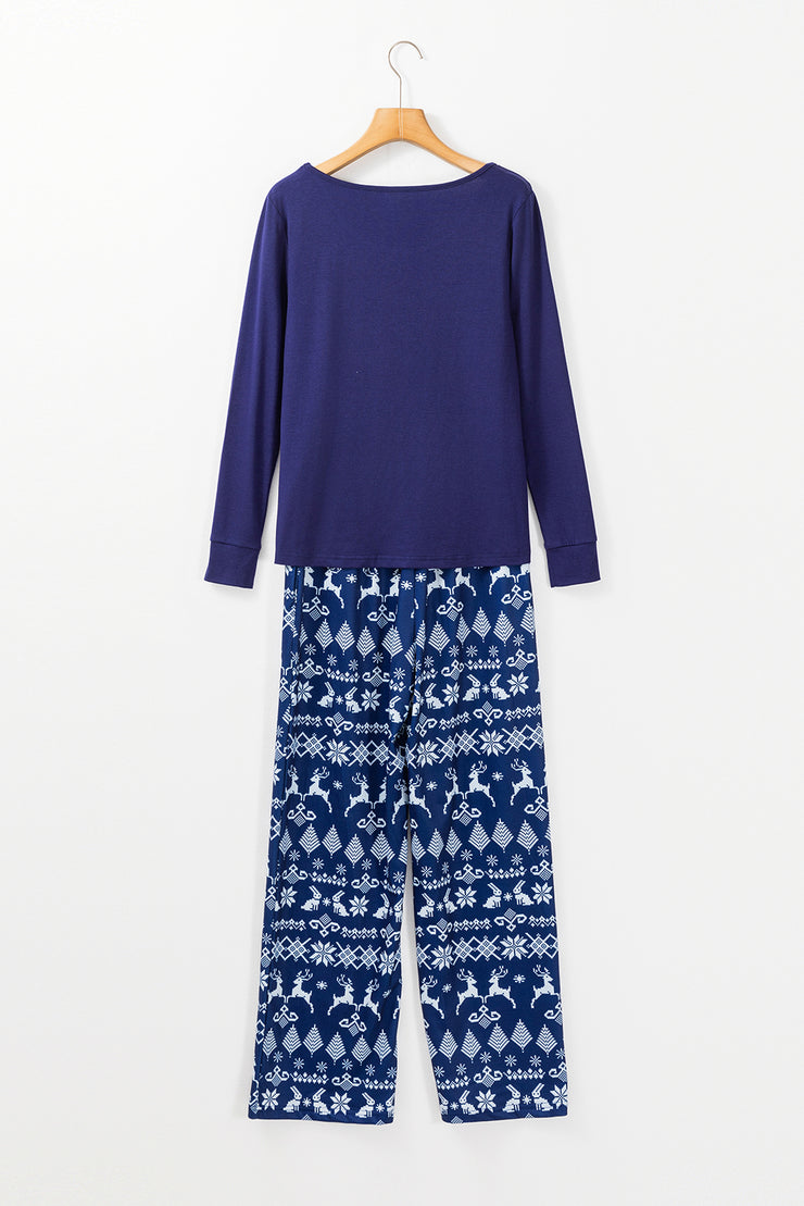 Blue Solid Top and Christmas Pants Two Piece Lounge Set