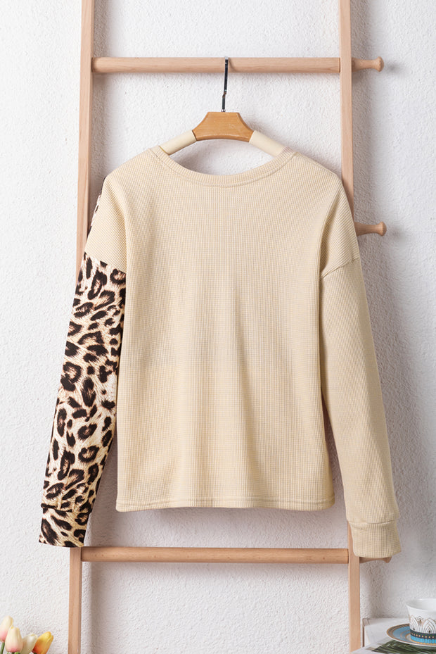 Pale Khaki Leopard Colorblock Waffle Knit Top