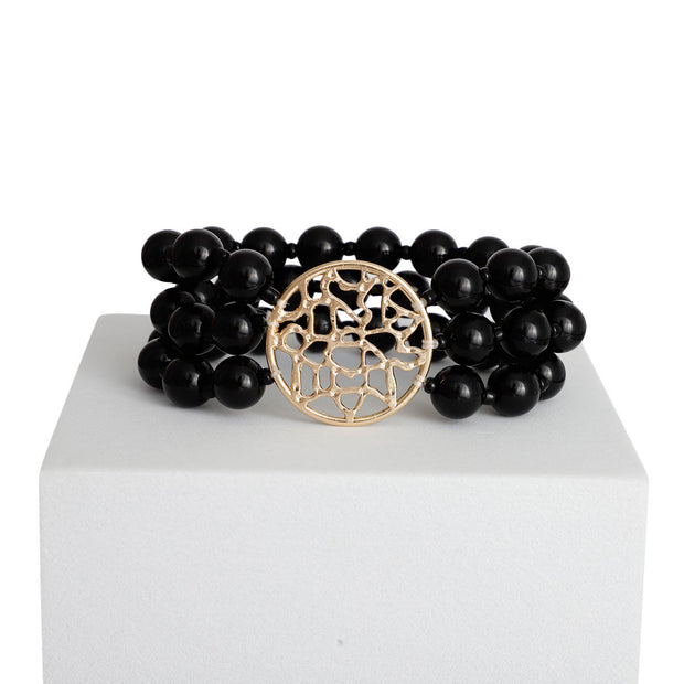 Black Bead Round Gold Bracelet