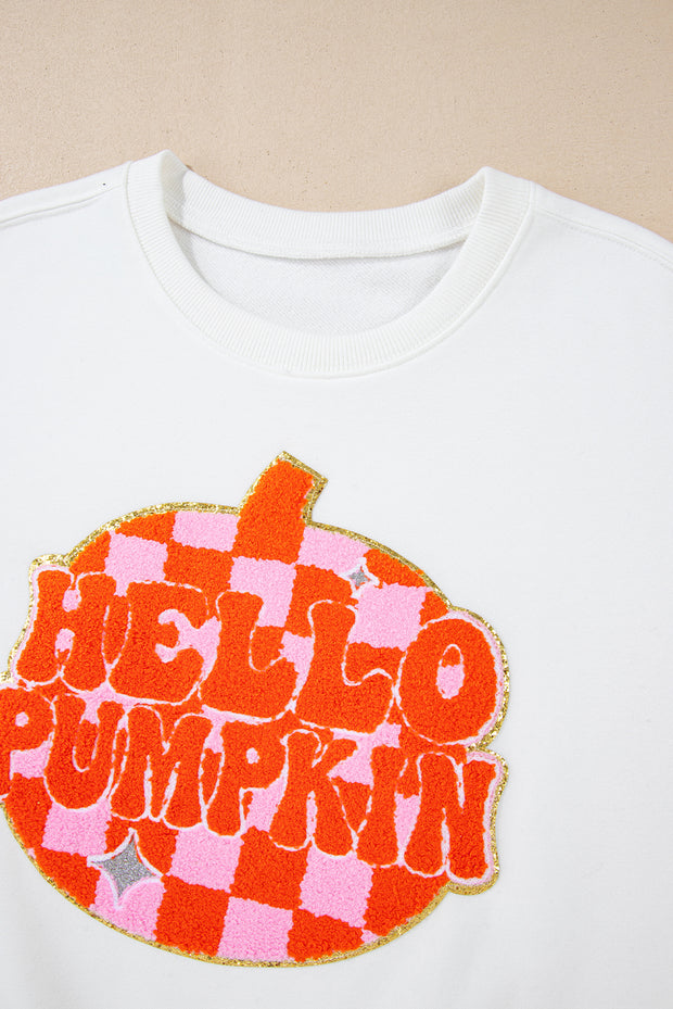 White Terry Halloween Pumpkin Patched Pattern Pullover Sweatshirt