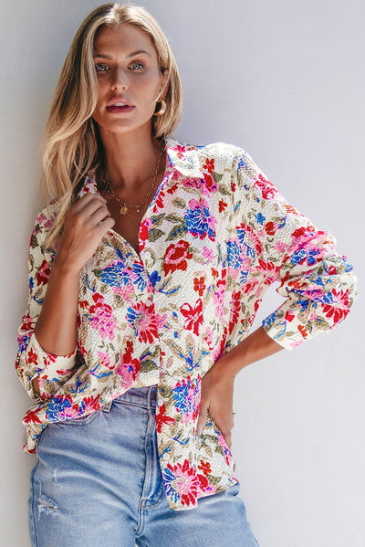 Red Floral Print Slim Fit Buttoned Turn Down Collar Shirt