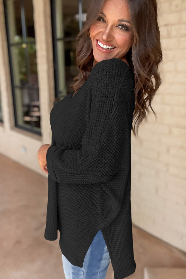 Black Waffle Knit Side Slits Loose Fit V Neck Top