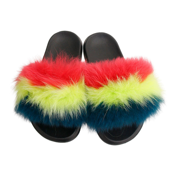 Coral to Green Fox Fur Medium Slippers