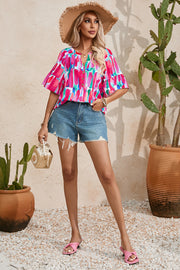 Rose Abstract Brushwork Print Buttoned V Neck Blouse