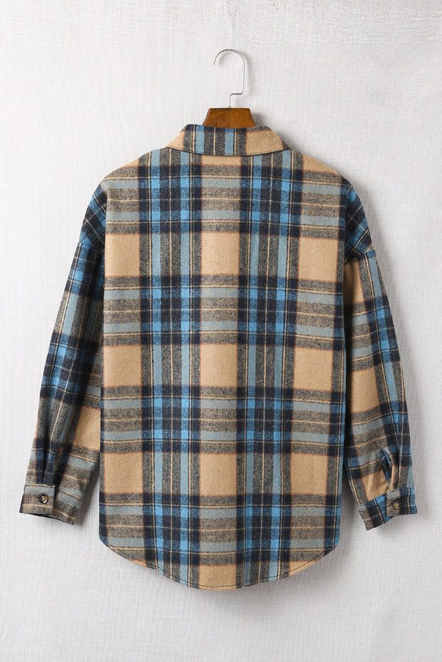 Brown Plaid Color Block Buttoned Shirt with Pockets