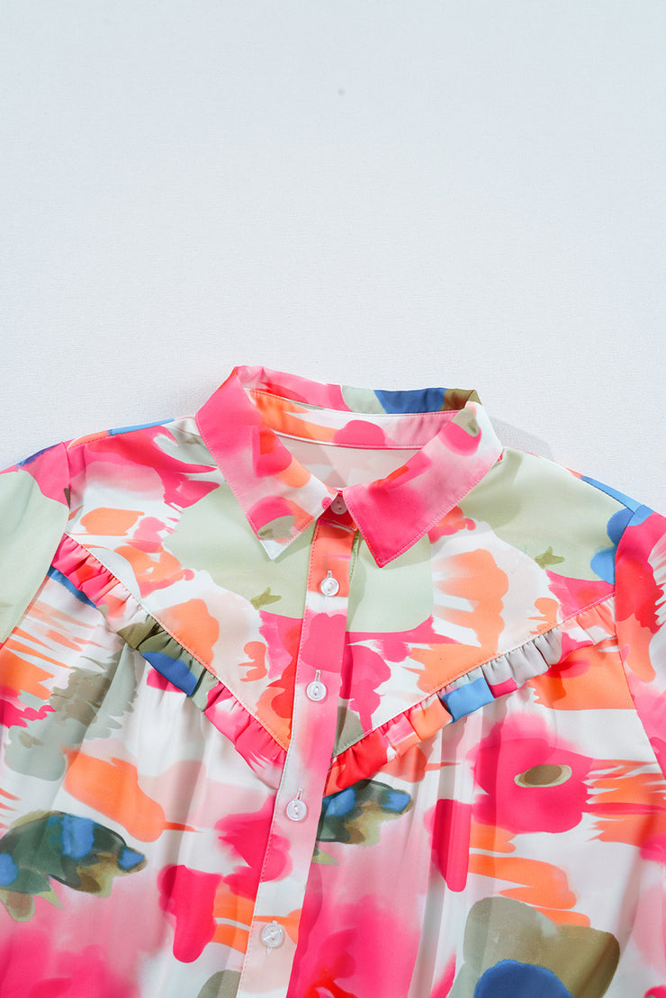 Rose Abstract Print Ruffled Puff Sleeve Shirt