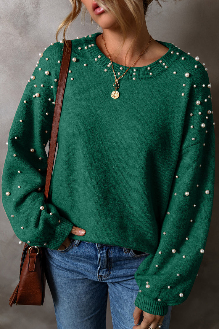 Evergreen Pearled Drop Shoulder Round Neck Sweater