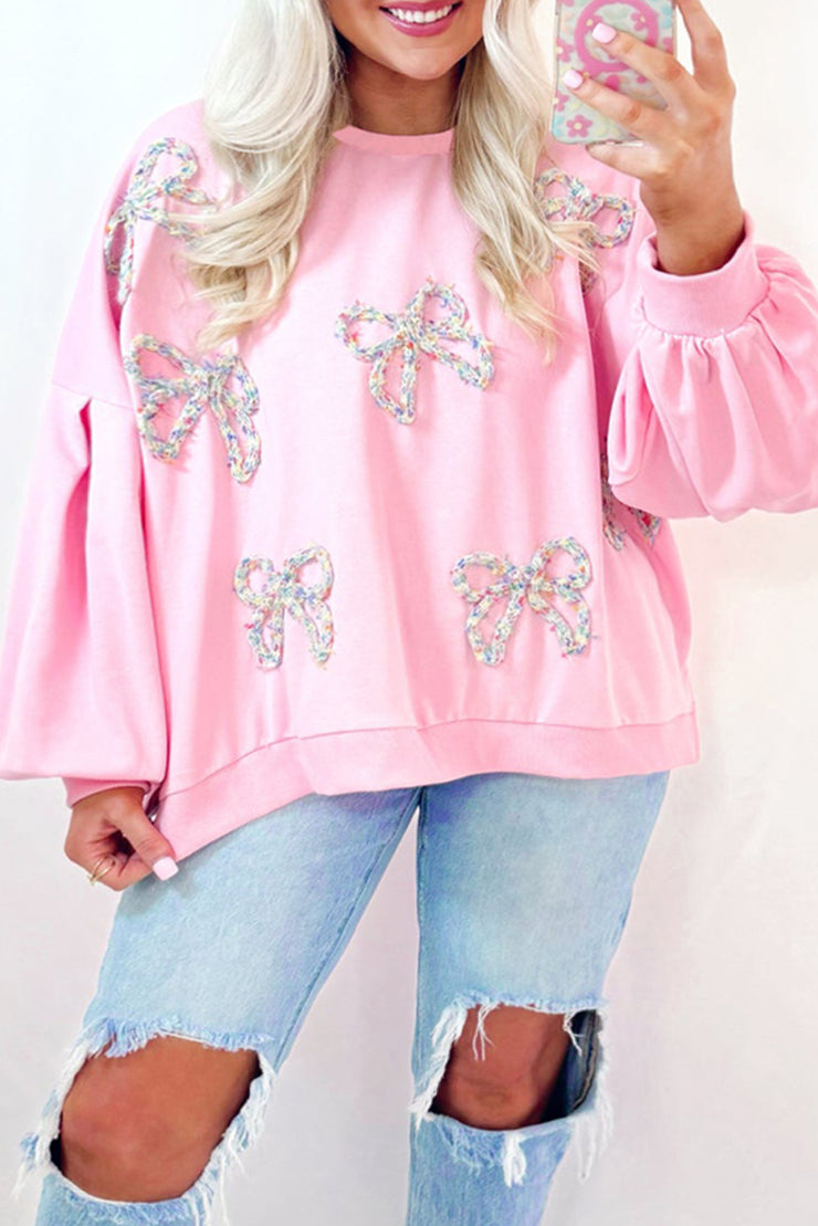 Light Pink Embroidered Bow Lantern Sleeve Oversized Pullover Sweatshirt