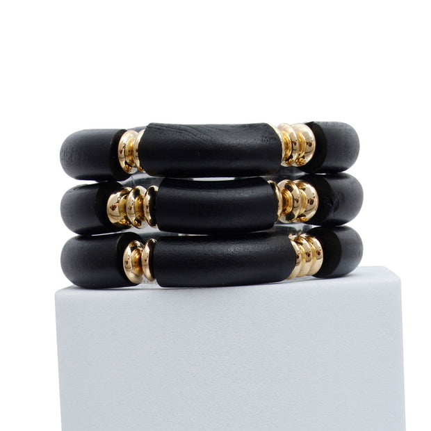 Black Wood Tube Stretch Bangle Set