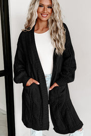 Black Ribbed Trim Eyelet Cable Knit Cardigan