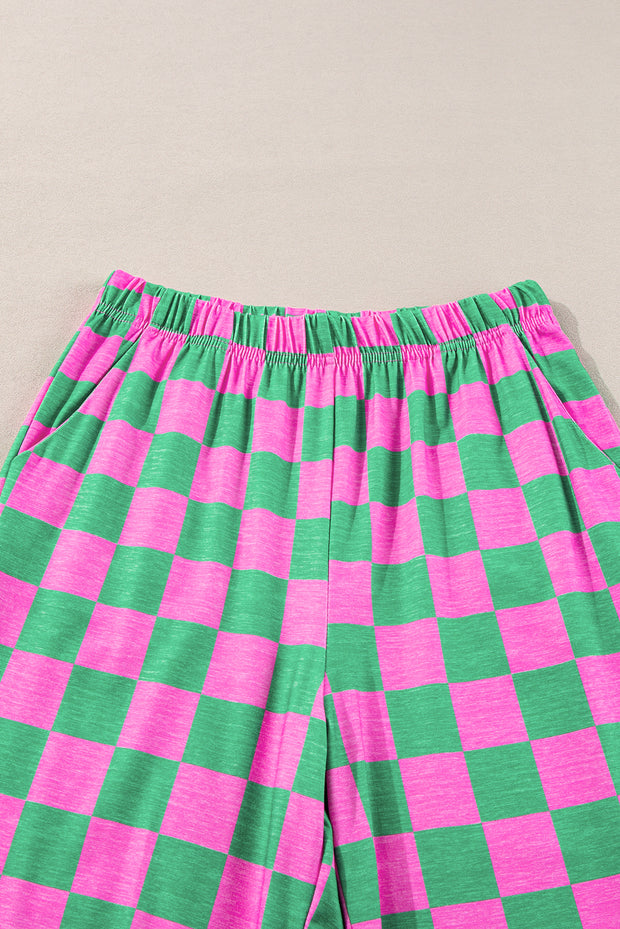 Green 2-Tone Checked Print High Waist Wide Leg Pants