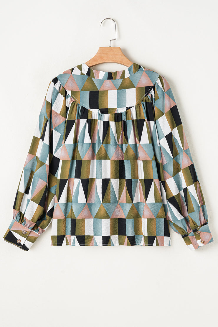 Green Geometric Print Buttoned Balloon Sleeve Loose Fit Shirt