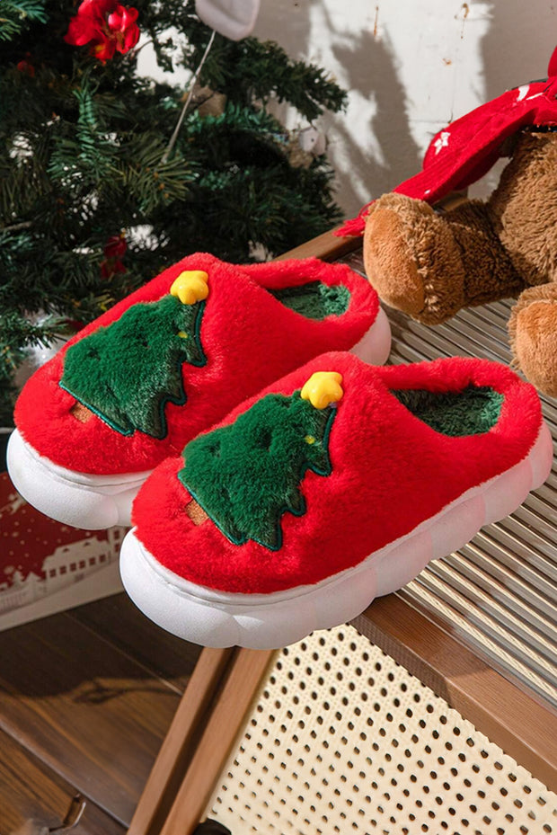 Fiery Red Christmas Tree Graphic Plush Slippers