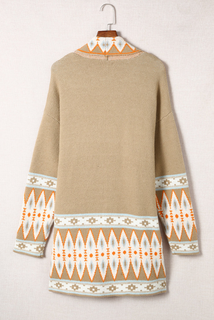 Khaki Aztec Print Open Front Knitted Cardigan