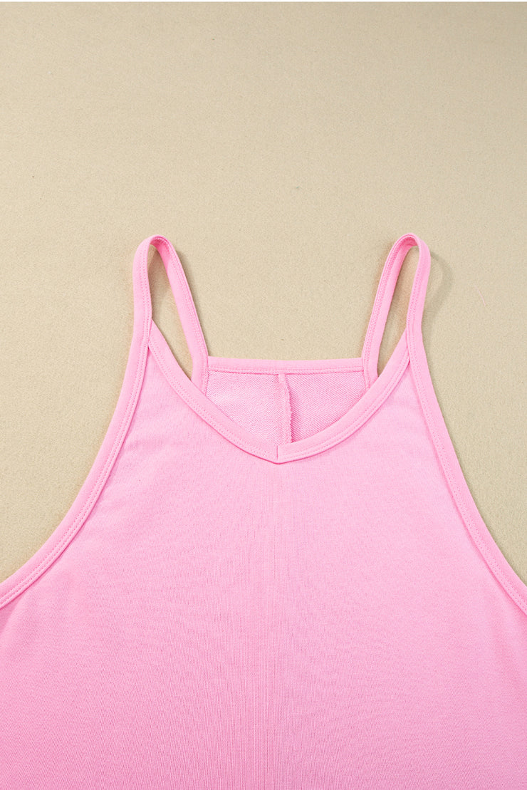 Pink Sleeveless Pocketed V Neck Jersey Romper