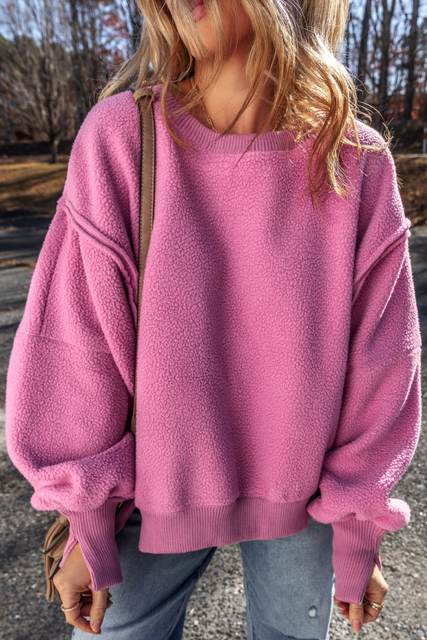 Bright Pink Sherpa Seamed Drop Shoulder Oversized Sweatshirt