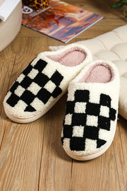 Black Checkered Print Fuzzy Slip On Winter Slippers