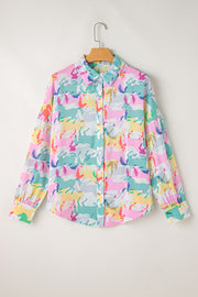 White Colorful Horse Printed Long Sleeve Button Up Casual Shirt