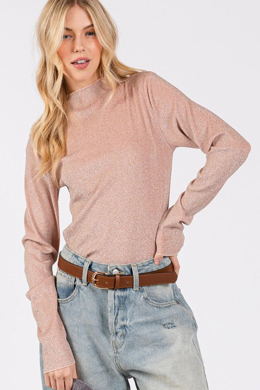 SAGE + FIG Glitter Mock Neck Lettuce Hem Long Sleeve Top